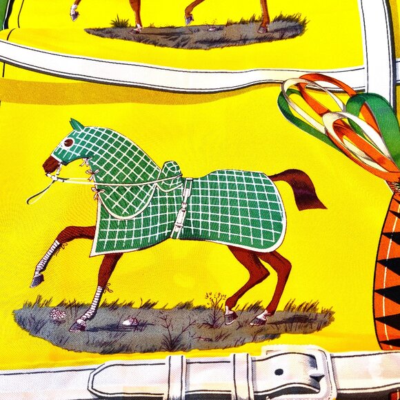 Hermes Paris 70's Scarf Yellow Silk Horses Couvertures Et Tenues De Jour New Box - Picture 10 of 16